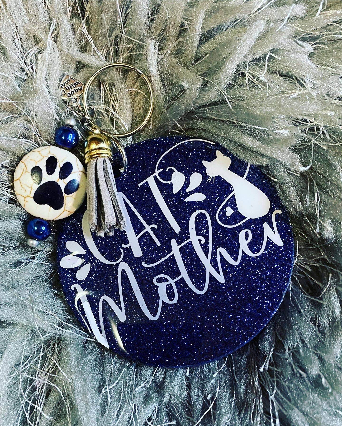 Wine Lover Cat Mother Blue Keychain