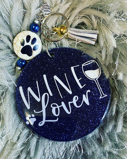 Wine Lover Cat Mother Blue Keychain